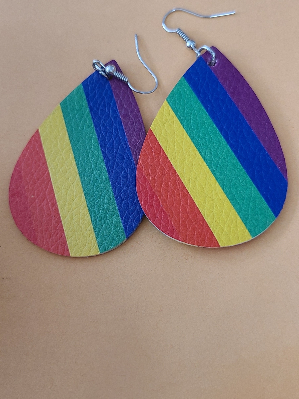 Handmade Rainbow Striped Teardrop Leather Pierced Earrings.